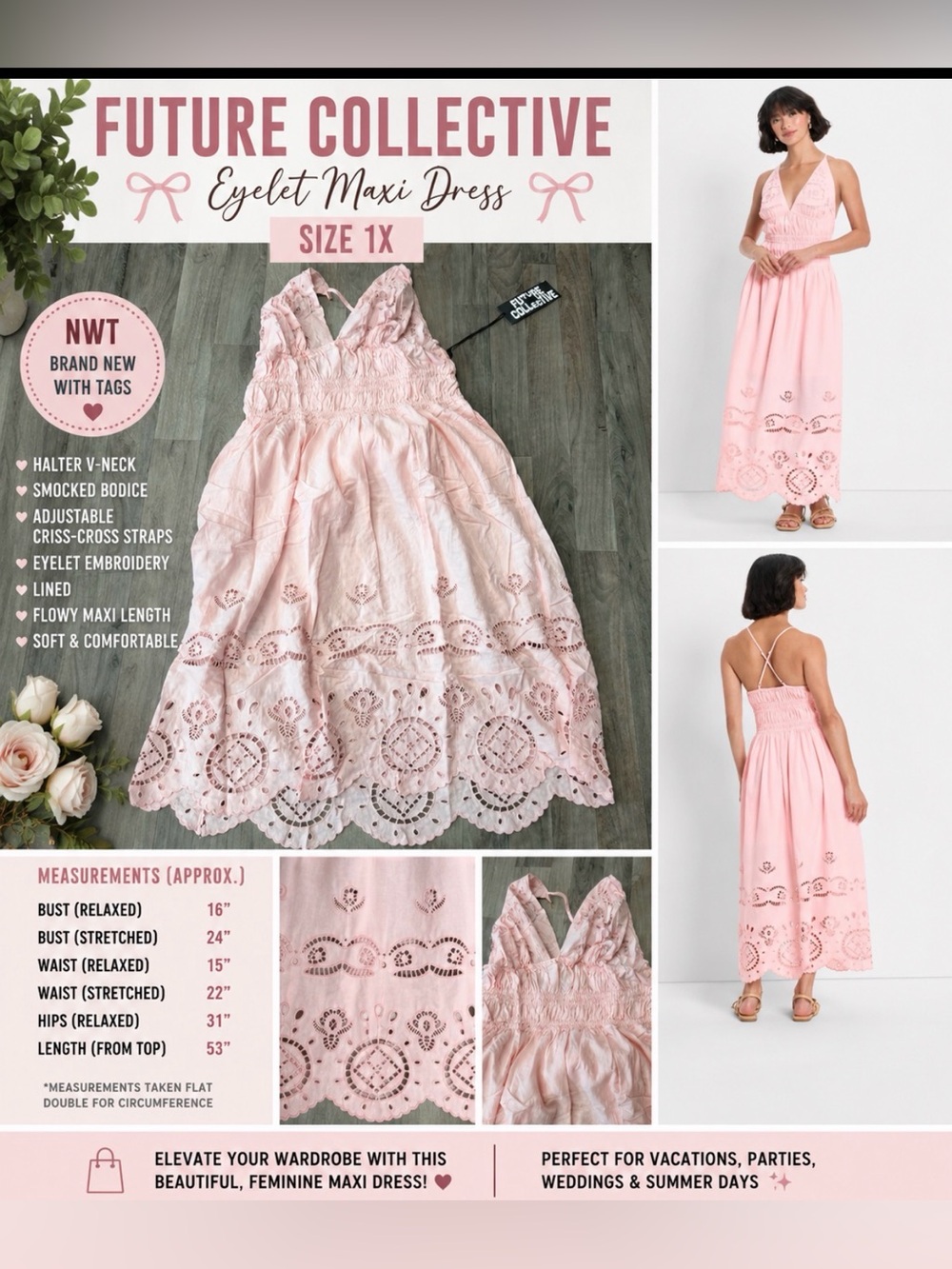 Future Collective Eyelet Embroidered Maxi Dress – Light Pink 1X NWT
